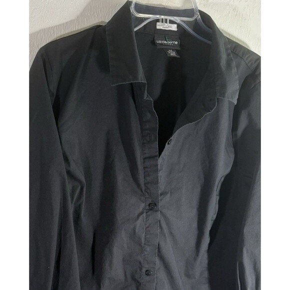 Liz Claiborne Women’s Black XLT Stretch Cotton Button Up Round Hem Collar Shirt - Picture 2 of 6